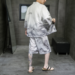 A3005*大码2021中国风沙滩休闲冰丝面料短袖汉服套装p80,汉服长衫怎么搭配常服图片
