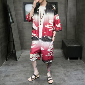 A3028*大码2021中国风 仙鹤渐变 沙滩休闲 冰丝面料 汉服套装p80,男装休闲套装,钱塘7008(原4008)