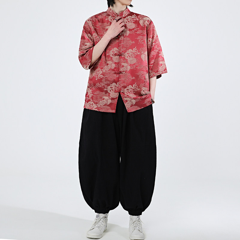 龙凤提花夏季新品2025风汉服短袖衬衫/衬衣A676-p65,男装衬衫,钱塘7008(原4008)