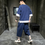A1039*中国风2021拼色简约团购棉麻短袖T恤+七分裤套装P85，男装休闲套装，钱塘7008(原4008)