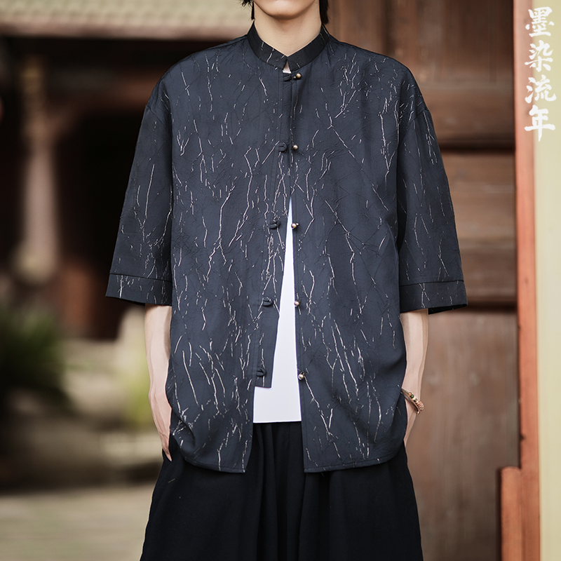 烫金褶皱设计夏季新品2025风汉服短袖衬衫/衬衣A811-p65，男装T恤，钱塘7008(原4008)