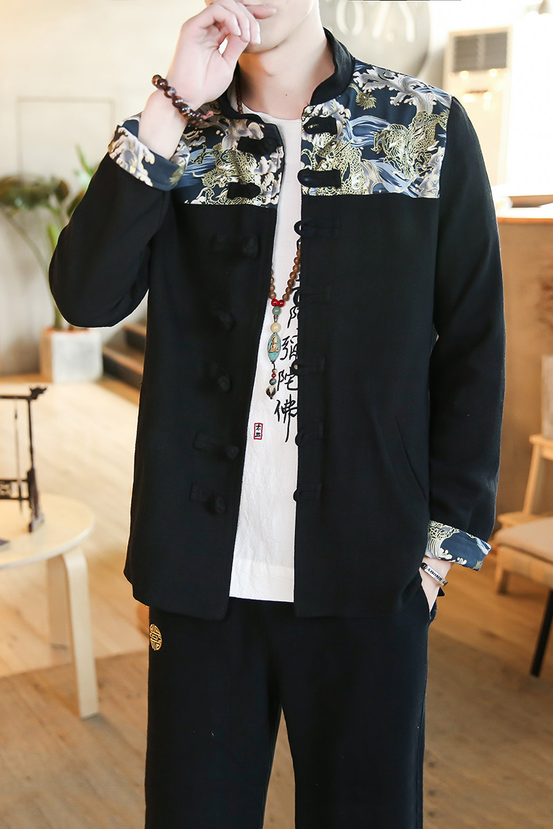 A703中国风大码2021秋冬拼接印花盘扣棉麻汉服套装P115,男装休闲套装,钱塘7008(原4008)