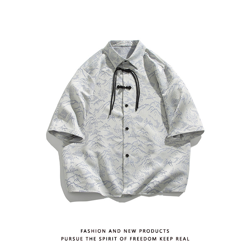 山水提花 防皱冰丝 夏2025 风 汉服短袖衬衫/衬衣A819-p65图片