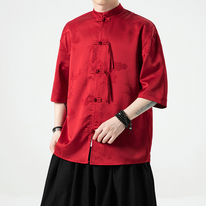 平铺实物冰丝竹子新中式风2024短袖汉服衬衣A890-p65,男装T恤,钱塘7008(原4008)
