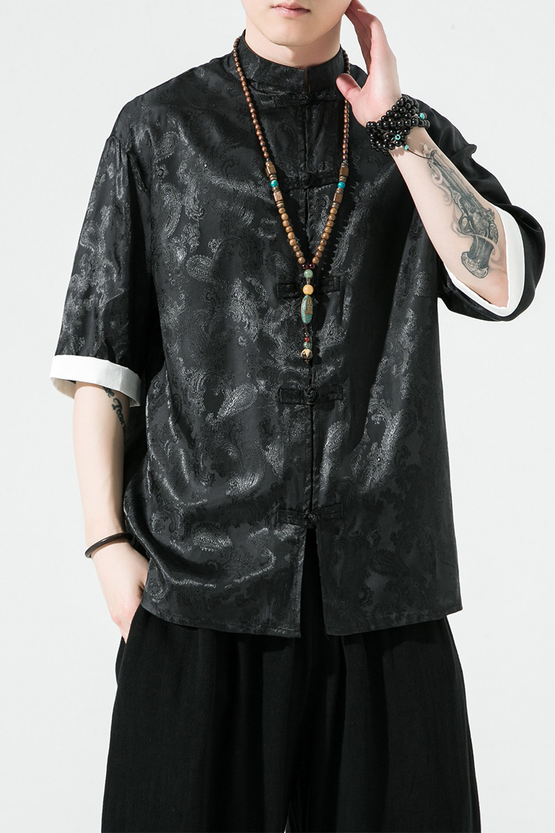 夏新品2025红色冰丝5色风汉服短袖衬衫/衬衣A867-p48,男装衬衫,钱塘7008(原4008)
