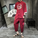 A733*夏2021大码中国风刺绣款棉麻盘扣汉服套装p100，男装休闲套装，钱塘7008(原4008)