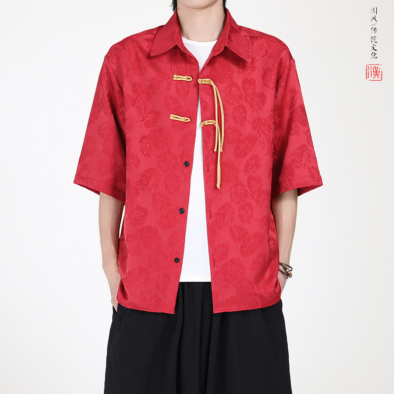 多色现货!2026夏 提花 新中式  风 盘扣 唐装短袖衬衫A639*P60图片