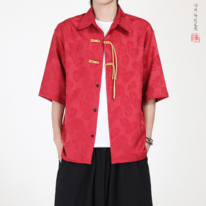 多色现货!2026夏 提花 新中式  风 盘扣 唐装短袖衬衫A639*P60图片