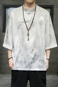 A3012中国风2021夏日冰丝清爽 龙花 斜扣立领设计 宽松短袖T恤p50图片