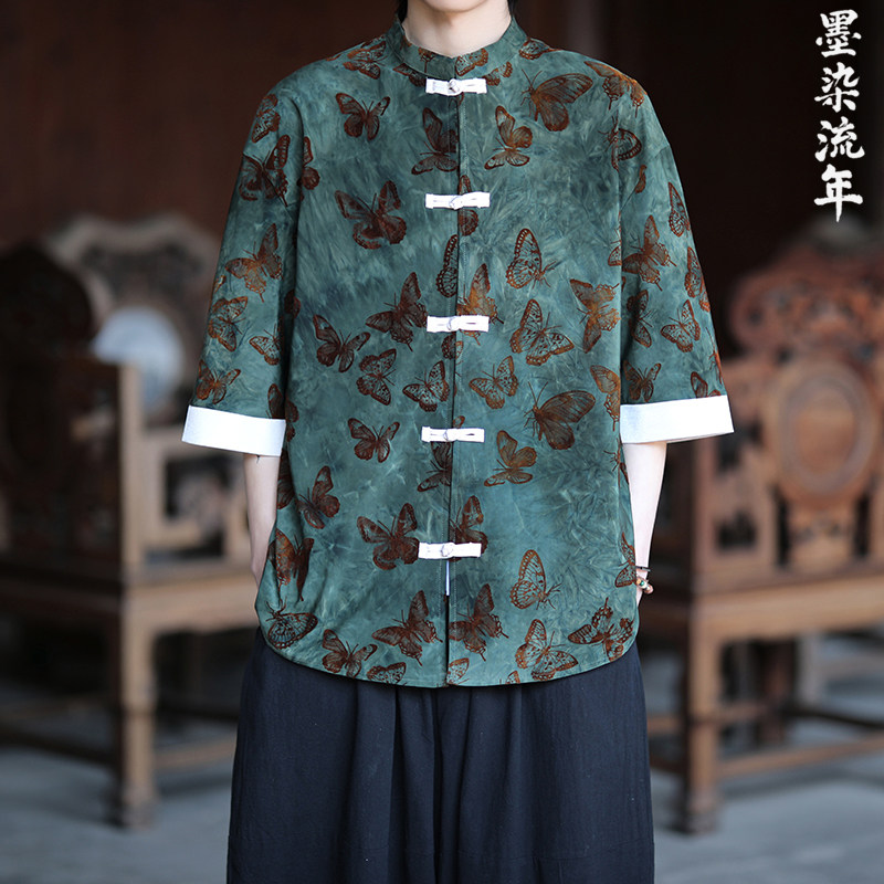 植绒提花蝴蝶设计夏2025风汉服短袖衬衫/衬衣A825-p68,男装衬衫,钱塘7008(原4008)