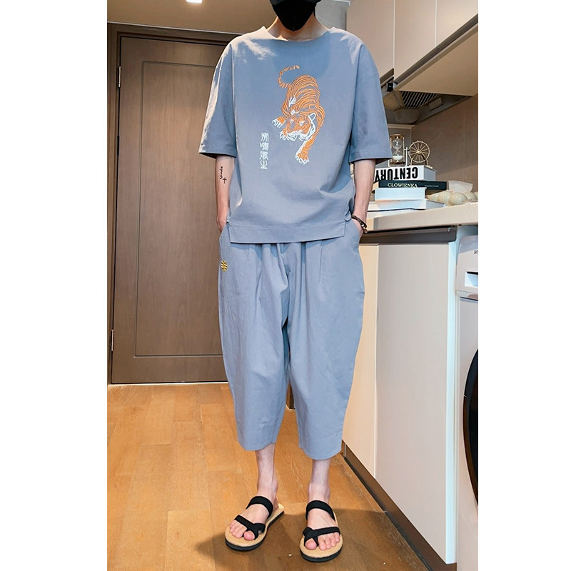2026夏套装跑量风老虎刺绣短T恤+七分裤套装特价A1038-P50,男装牛仔裤,钱塘7008(原4008)