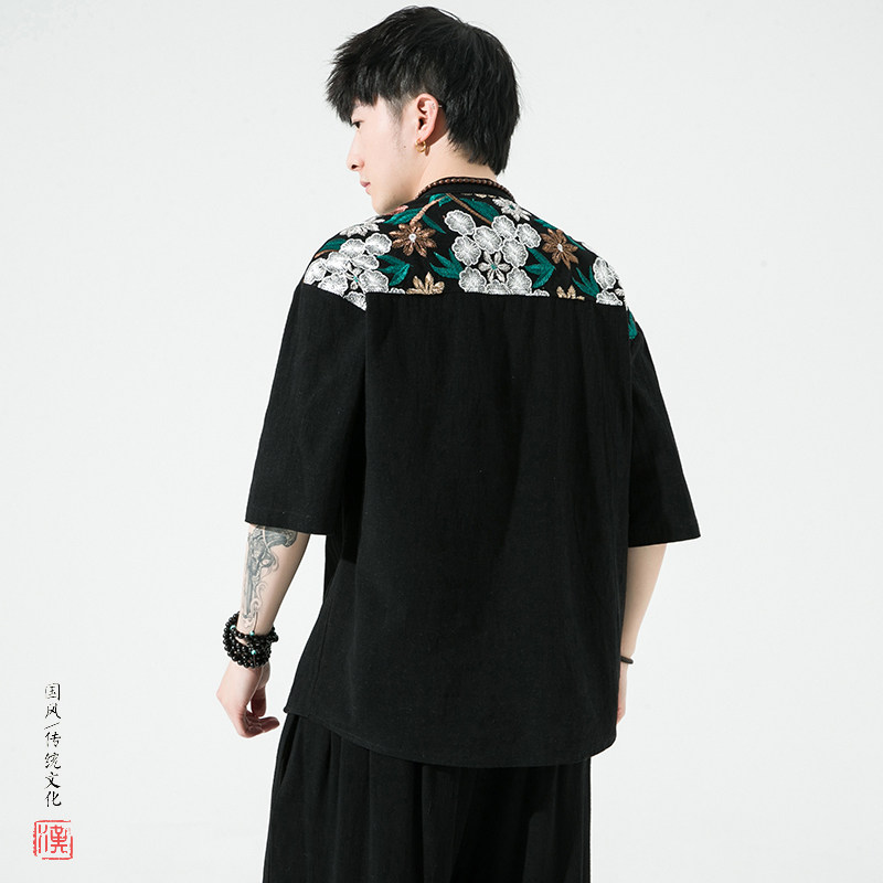 夏2026新中式拼花棉麻风汉服短袖衬衫/衬衣A866-p65,男装T恤,钱塘7008(原4008)