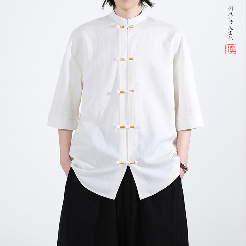 跑量竹节仿麻百搭单色夏2026风汉服短袖衬衫/衬衣A810-p45,男装T恤,钱塘7008(原4008)