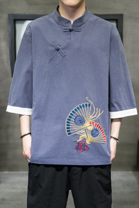 A3015中国风大码2021夏新品 3色 扇子刺绣翻边 宽松短袖T恤p55图片