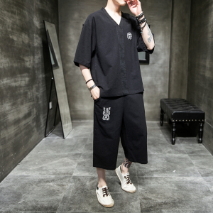 A1036*中国风夏2021大码 刺绣棉麻 短袖T恤+七分裤套装P80图片