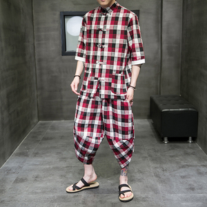 A3025*大码2021新款中国风 棉麻格子 开衫套装 汉服套装p95图片