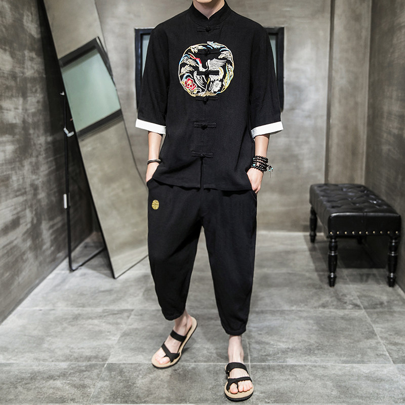 A733*夏2021大码中国风 刺绣款 棉麻盘扣 汉服套装p100图片