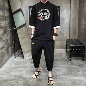 A733*夏2021大码中国风 刺绣款 棉麻盘扣 汉服套装p100图片