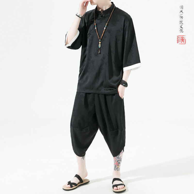 风夏季2026冰丝盘扣树叶提花顺滑短袖套装特价-A9003-p70,男装T恤,钱塘7008(原4008)