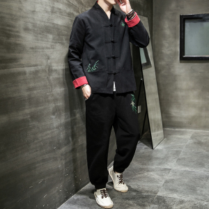 A1018新品中国风2021秋冬 竹子刺绣 棉麻盘扣/汉服套装P130图片