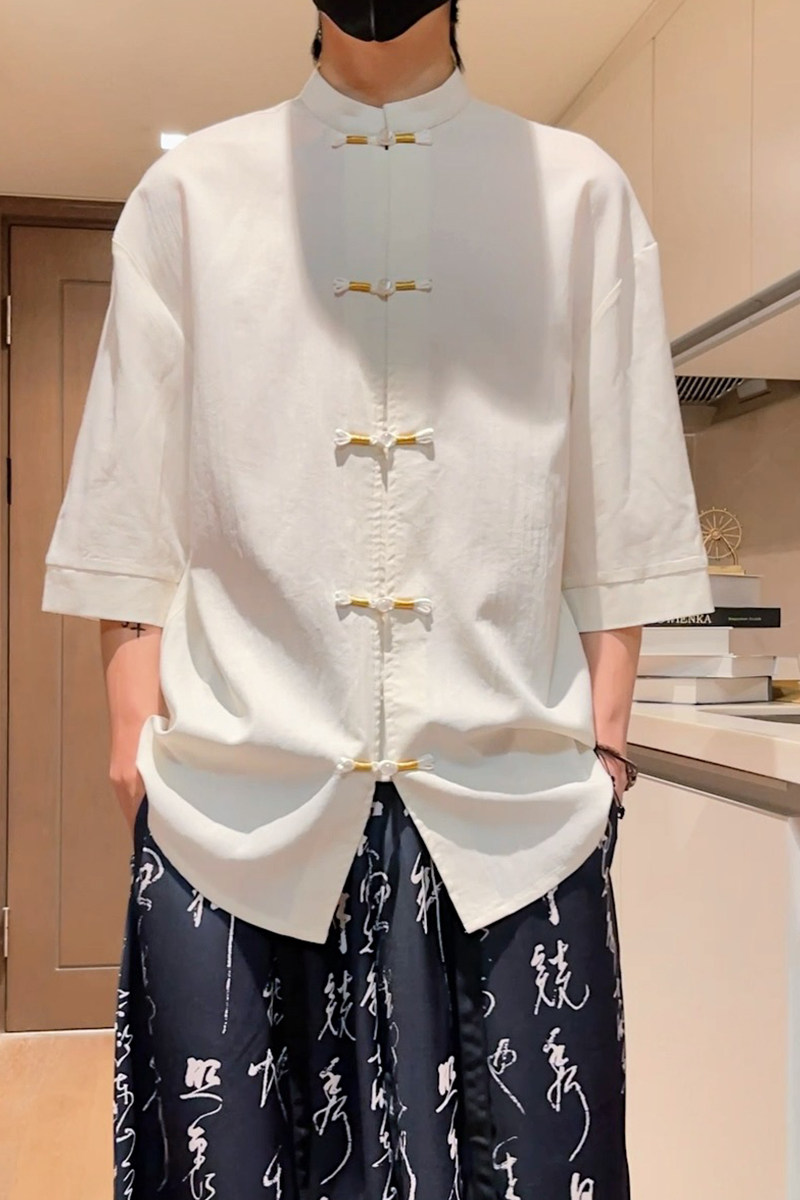 跑量竹节仿麻百搭单色夏2026风汉服短袖衬衫/衬衣A810-p45,男装T恤,钱塘7008(原4008)