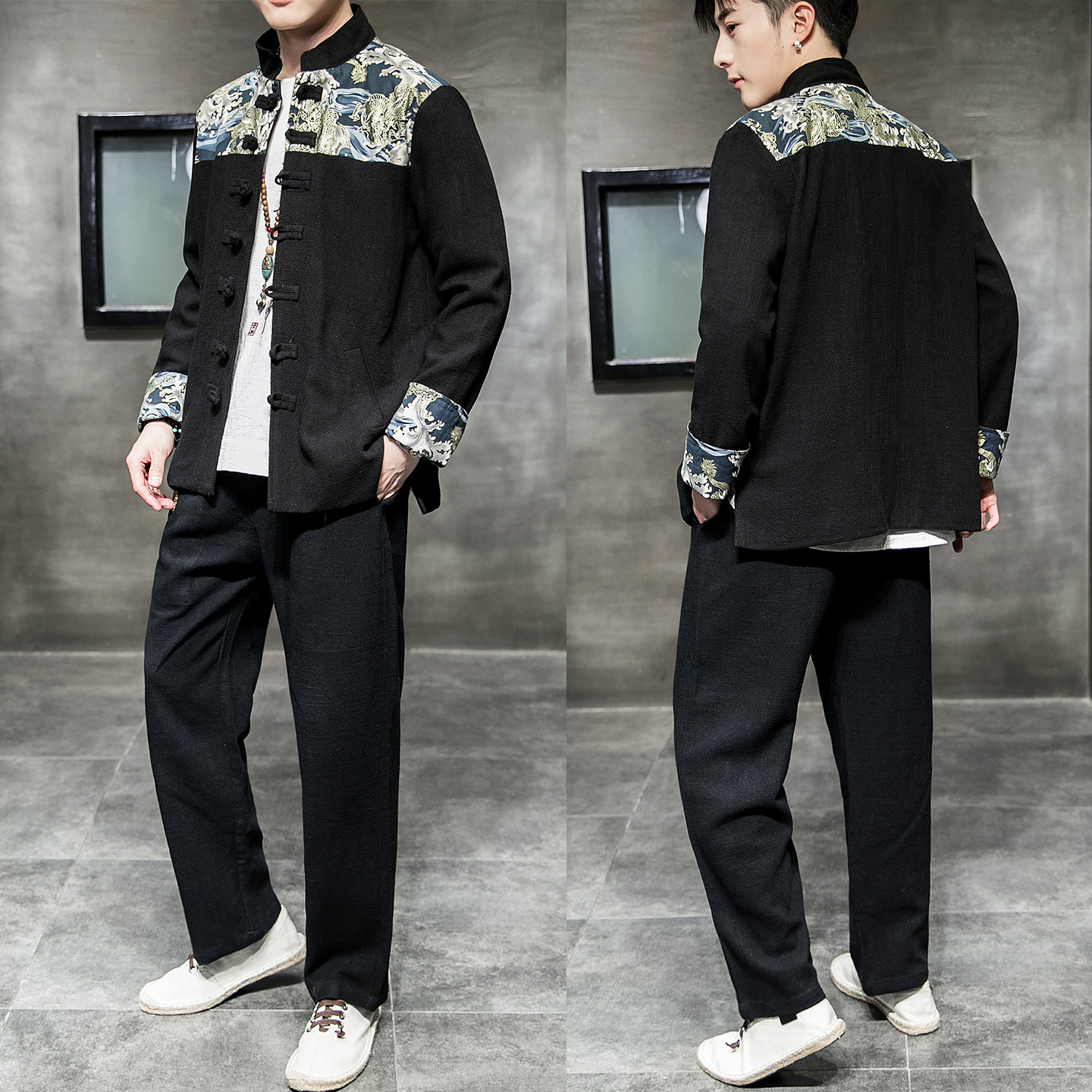 棉麻风龙款2026春款盘扣汉服套装特价A703-P70，男装休闲套装，钱塘7008(原4008)