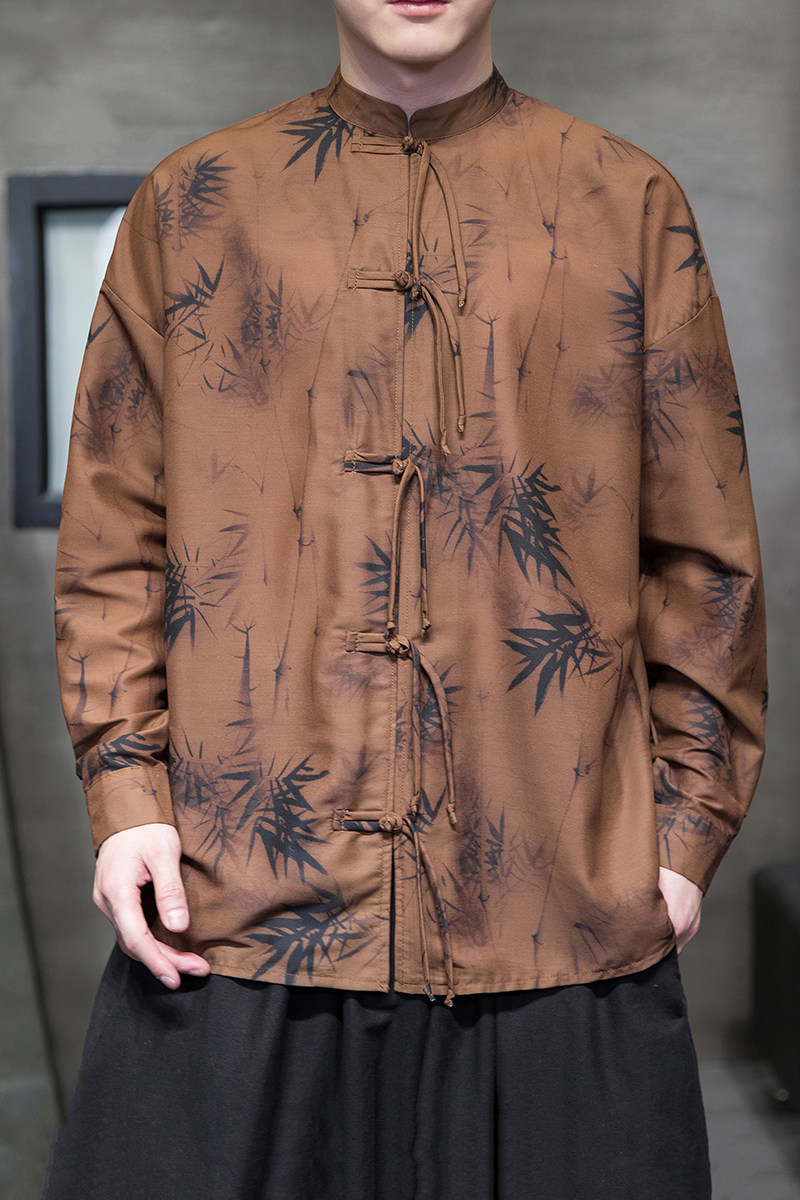 新中式2026春水墨竹白底风汉服盘扣长袖衬衫A905*P68,男装衬衫,钱塘7008(原4008)