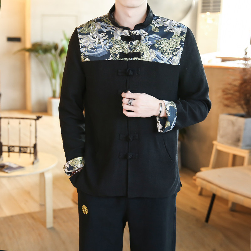 A703风拼接款2021秋冬盘扣棉麻汉服套装,男装民族服装,钱塘7008(原4008)