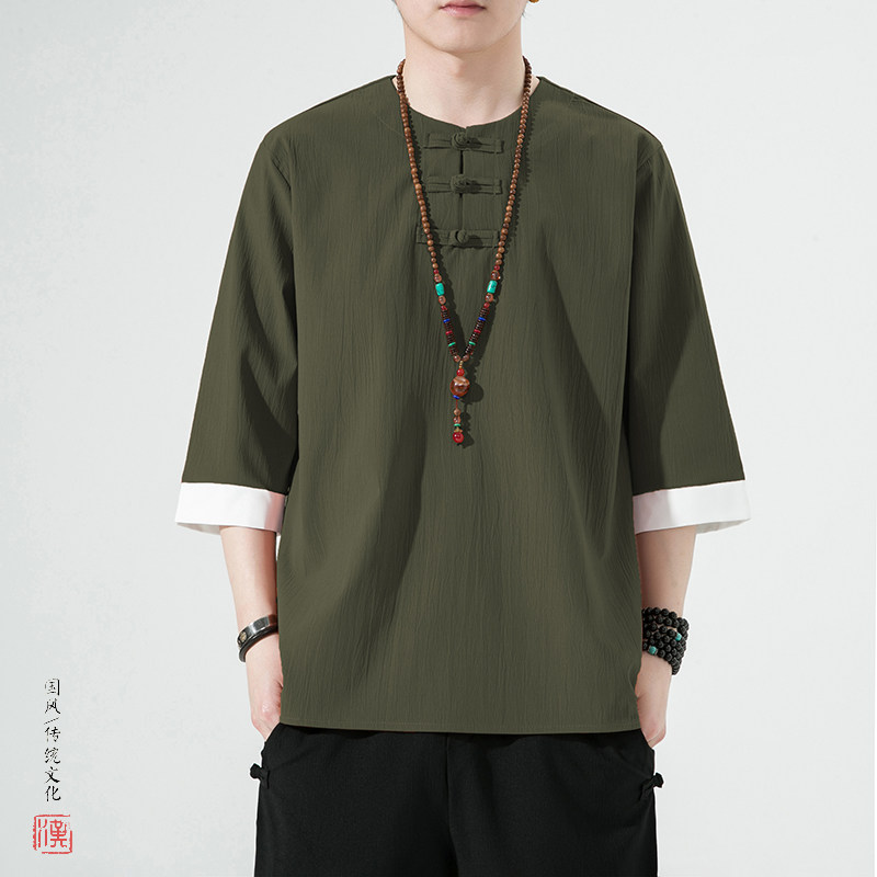 6色风夏2025仿麻冰丝盘扣男汉服短袖T恤A877新中式p40,男装T恤,钱塘7008(原4008)