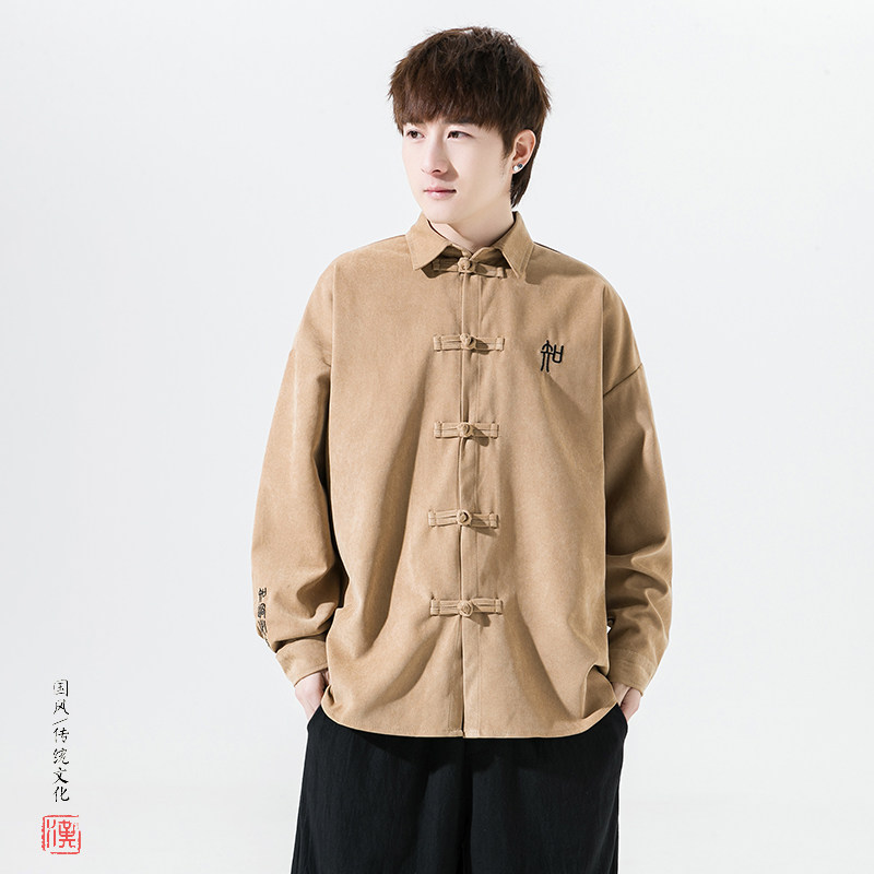风2026春款刺绣款磨毛汉服盘扣长袖衬衫外套A8005*P65,男装衬衫,钱塘7008(原4008)