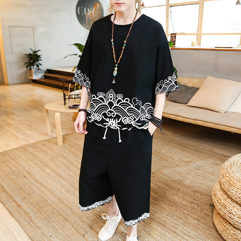 A202*爆款2021男套装 款印花棉麻 T恤+七分裤P85图片
