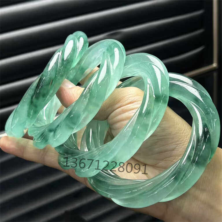 缅甸翡翠色新疆老坑料玉镯天然冰种飘花女款粗条麻花玉手镯