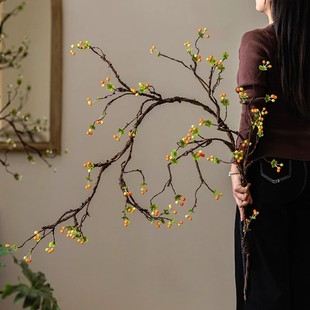 仿真海棠果干花长枝干枝摆件花藤条玄关插花装饰禅意复古假花摆设