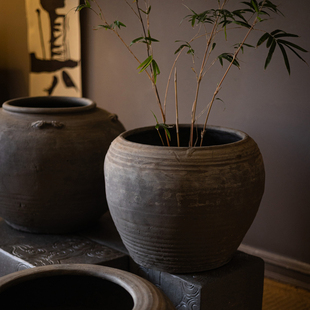 复古粗陶陶罐花盆大口径侘寂风花瓶大号造景摆件仿古做旧陶土花盆