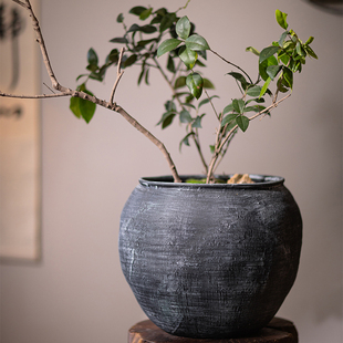 大肚粗陶花盆黑色做旧陶罐侘寂风客厅室内落地绿植盆禅意茶室摆件