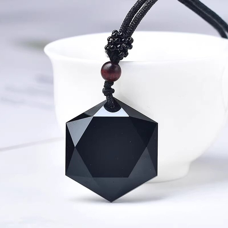天然黑曜石六芒星吊坠灵摆能量石项链吊坠星座情侣款吊坠礼物