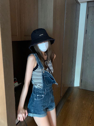 bear熊熊的店 小个子牛仔背带裤夏季韩系百搭高腰显瘦显高短裤