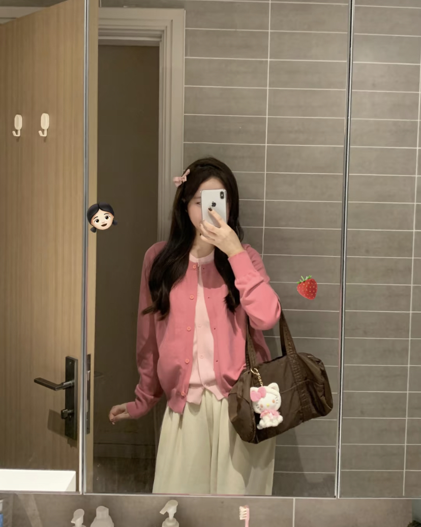 熊熊的店 2025早春新款韩系甜美粉色假两件针织小个子开衫上衣