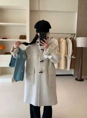 bear熊熊的店 150小个子韩系学院风牛角扣双面昵中长款大衣外套女