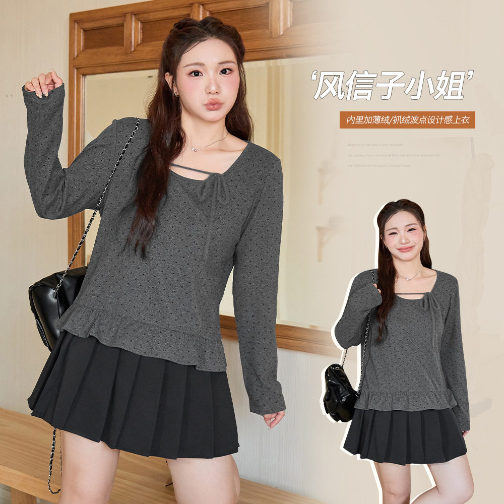 韩系德绒撞色波点荷叶边绑带T恤胖mm大码女装修身显瘦上衣66102