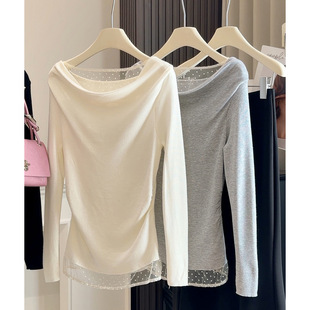 纯欲波点蕾丝花边荡领一字肩长袖针织t恤女春新款内搭打底衫上衣