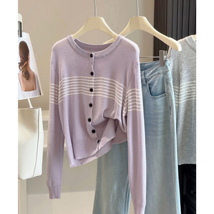 条纹撞色长袖六羊毛针织开衫女春季新款修身圆领百搭打底毛衣上衣