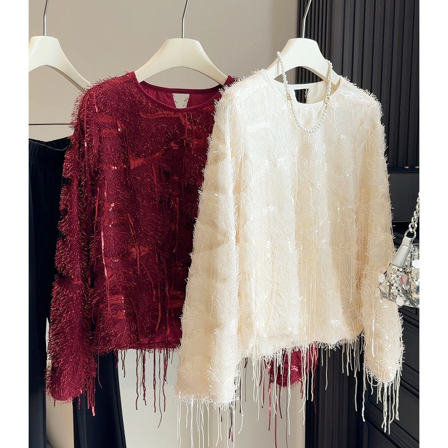 重工亮片流苏圆领长袖外穿蕾丝衫女25韩版短款时髦气质洋气上衣潮