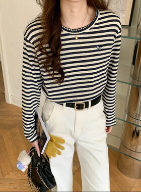 海曼女装早春新款 撞色刺绣圆领休闲长袖打底衫T恤HZ53832