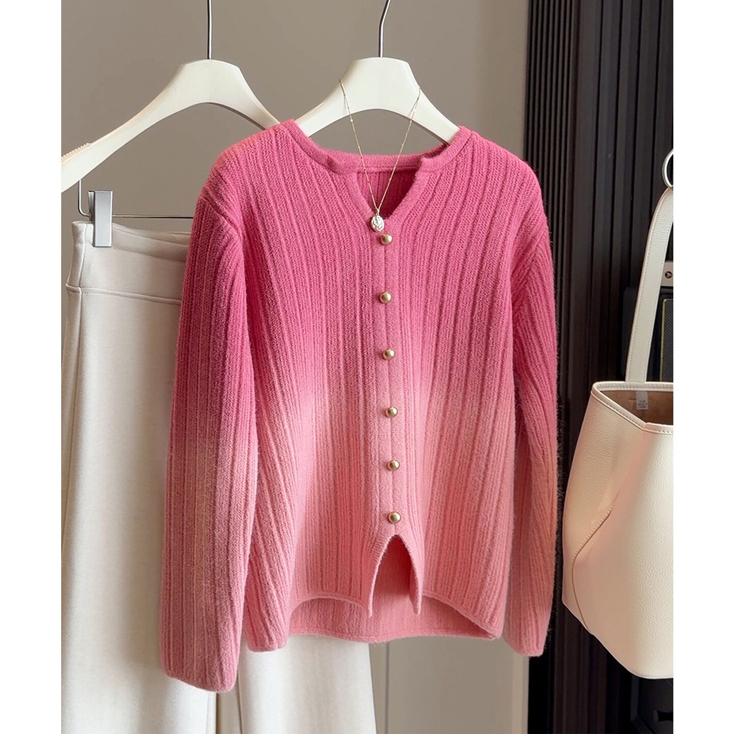 韩系chic别致设计感开叉渐变色毛衣女秋冬百搭洋气显白针织衫上衣