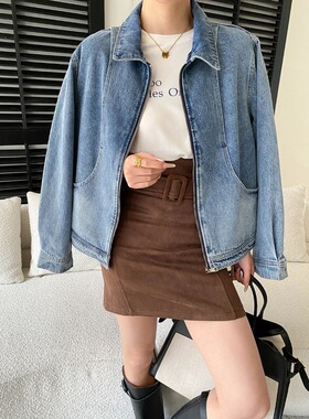 海曼早春新款女美式复古做旧感翻领宽松休闲水洗牛仔外套HSN58625