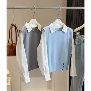 法式设计感假两件条纹针织拼接翻领衬衫女春秋季女装长袖打底上衣