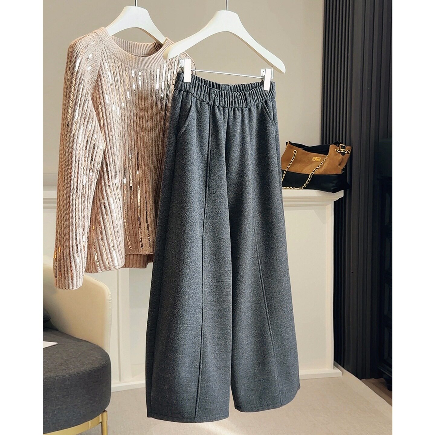 25秋冬加绒加厚保暖毛呢弯刀裤女韩版高腰显瘦阔腿宽松九分休闲裤