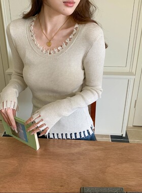 海曼女装早春新款 流苏毛边设计感U领修身针织衫HZ53884