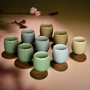 精品创意青瓷九色小鼓杯陶瓷茶杯办公杯中式复古小号家用喝茶水杯